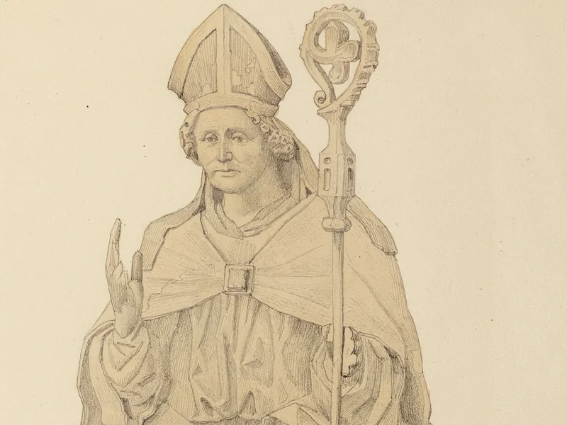 1857-Agathon Reinholm - Disegno di una scultura lignea medievale del vescovo Henry su Lalli dalla chiesa di Sääksmäki